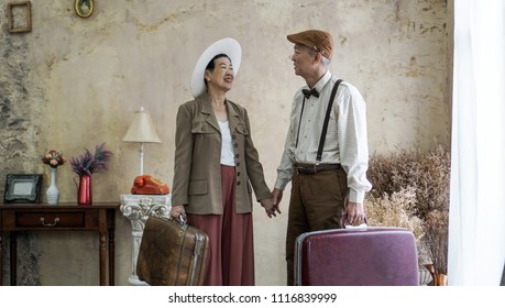 Vintage Retro Fashion Asian Senior Elder Couple Travel Luxury Trip After Retirement