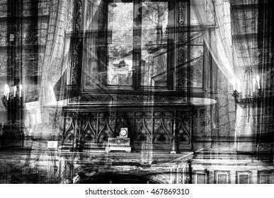 Vintage Retro Interior Design In The Room. Inside The Haunted House (double Exposure, Black-and-white Photo)