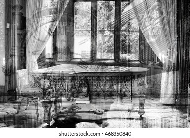 Vintage Retro Interior Design In The Room. Inside The Haunted House (double Exposure, Black-and-white Photo)