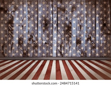 Vintage retro interior in USA flag colors and empty old grunge wall background with stars and striped wood floor, 4th of july Independence Day theme, festive concept for american national holidays. - Powered by Shutterstock