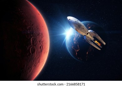 Vintage Retro Metal Rocket Flying In Space With The Red Planet Mars And The Blue Planet Earth With Sunset Rays. Successful Launch Of A Spaceship. Start Concept 