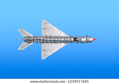 Vintage retro military fighter bomber jet airplane in silver color flying isolated on blue sky background aerial top down portrait landscape view air travel aviation abstract army war theme 