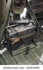 Vintage Retro Military Phone On Military Car. Wartime Period Used