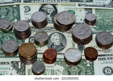 Vintage Retro Old American Money Background, United States Of America Dollars Banknotes And Pile Of American Coins Of 1 Cent, 5, 10, 25 Quarter, 50 Cents, Half Dollar Coin And One Dollar
