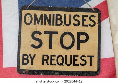 Vintage Retro Omnibus Stop By Request Bus Stop Sign On A Union Jack Flag