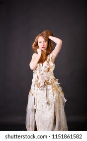 Vintage Retro Style Fashion Model On Black. Studio, Art Nouveau, Pre Raphaelite Feel. Wedding Dress. Portrait UK