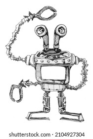 Vintage Robot. Member Of The Assembly Line. Artificial Intelligence . Ink Drawing.