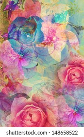 Vintage romantic background with roses and hydrangeas