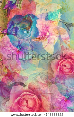 Vintage romantic background with roses and hydrangeas