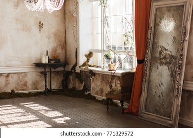 Vintage room with dirty walls, antique mirror, chair and big window - Powered by Shutterstock