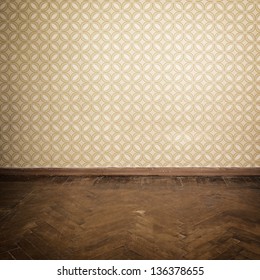 Vintage Room, Empty Retro Apartment With Old Fashioned Wallpaper And Weathered Wooden Parquet Floor, Toned