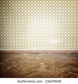 Vintage Room, Empty Retro Apartment With Old Fashioned Wallpaper And Weathered Wooden Parquet Floor, Toned