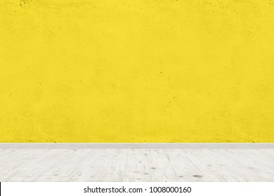 Vintage Room Interior With Yellow Concrete Wall And Wood Floor Background. Wide Panorama Image