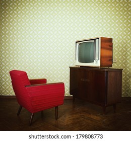 Vintage Room With Two Old Fashioned Armchair And Retro Tv Over Obsolete Wallpaper. Toned