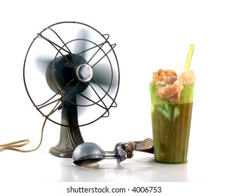 Vintage Rootbeer Float With Spinning Fan And Ice Cream Scoop.  Isolated On White.