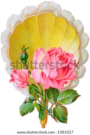 A vintage rose illustration, framed in front of a feather-fringed hand fan (circa 1882)