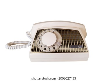 Vintage Rotary Phone With Gold Tone Detail On The Front. Phone Is Isolated And Can Be Used As An Example Of Dated Phone Technology, Or Decor Style From The 1960s And 1970s