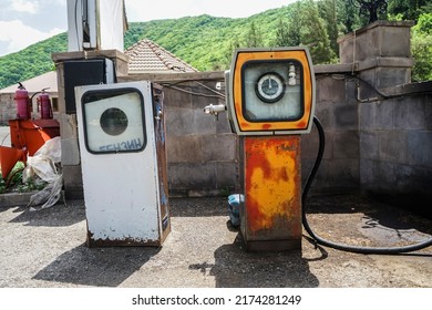 Vintage Russian Gas Pump At Abandoned Station. Old Flow Measurement Used In Pump At Filling Station. Gasoline And Diesel