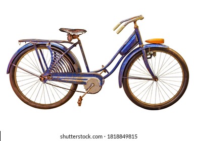 Vintage Rusted Blue Beach Cruiser Bicycle Isolated On A White Background