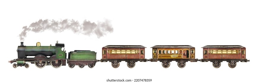 Vintage rusted and weathered toy passenger train with locomotive isolated on a white background - Powered by Shutterstock