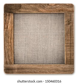 Vintage Rustic Wooden Frame With Canvas Isolated On White Background