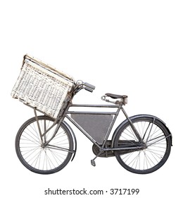 Vintage Rusty Dutch Old Carrier Bike With Shopping Basket Isolated On White