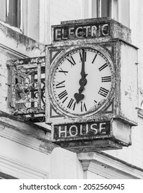 Vintage rusty electric house wall clock B, black and white high contrast photography autumn season 2021