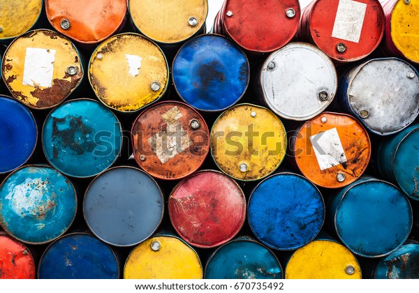 vintage and rusty\
oil drums, colorful\
objects