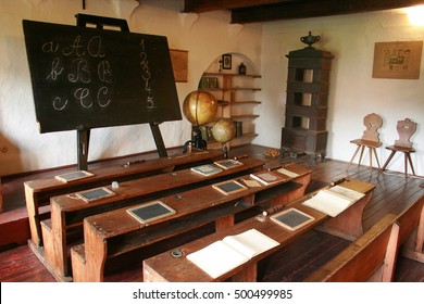 Vintage School Class With Typical Wooden Benches