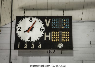 Vintage Scoreboard Hanging From A Wooden Ceiling