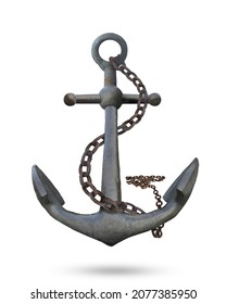 Vintage sea anchor with chain, Old rusty ship anchor lies Realistic shiny steel anchor rings and shadow on the ground isolated on white background. This has clipping path. sea travel symbol icon sign.