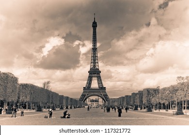 vintage sepia toned postcard of Eiffel tower. Paris