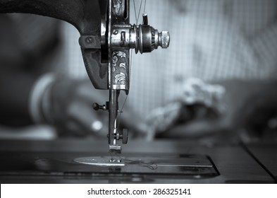 The Vintage Sewing Machine On Fashion Designer Blur Background, Black And White Tone