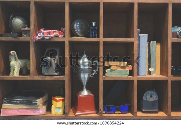 Vintage Shelf Books Trophy Sunglasses Old Stock Photo Edit Now