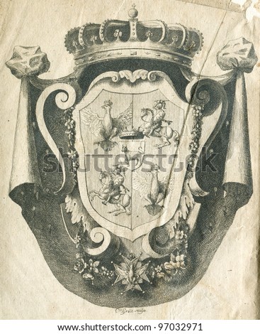 Vintage shield - Old illustration by unknown artist from Wiadomosc o Kleynocie Szlacheckim, author E.A.Kuropatnicki, editor Mickal Groll, Warsaw, 1789