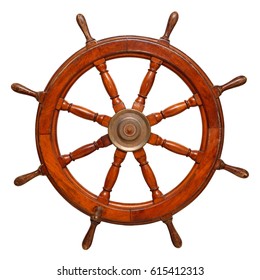 Vintage Ships Wheel Made Of Dark Wood. Isolated On A White Background