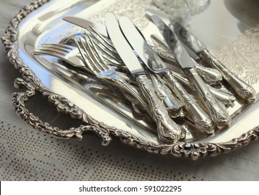 Vintage Silver Cutlery - Flatware On A Vintage Silver Tray And Lace Table Cloth