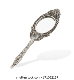 Vintage Silver Hand Mirror Isolated On White Background