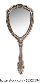 Vintage Silver Ladies Handheld Toilette Mirror On Isolated On White With A Grey Reflection In The Glass