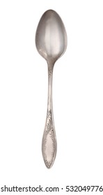 Vintage Silverware, Old Decorated Spoon Isolated On A White, Top View, Close Up.