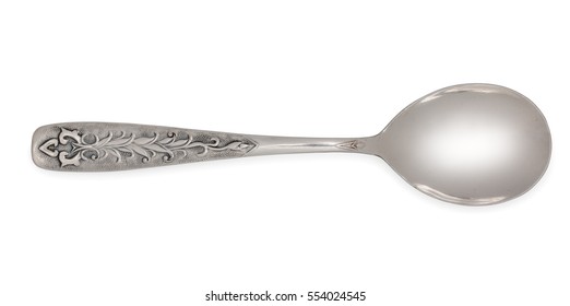 Vintage Silverware, Old Decorated Spoon Isolated On A White, Top View, Close Up.