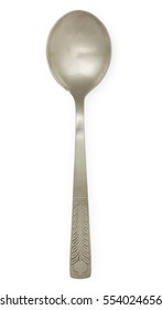 Vintage Silverware, Old Decorated Spoon Isolated On A White, Top View, Close Up.