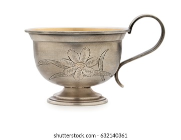 Vintage Silverware, Very Old Rich Decorated Metal Cup For Coffee  Isolated On A White Background, Close Up.