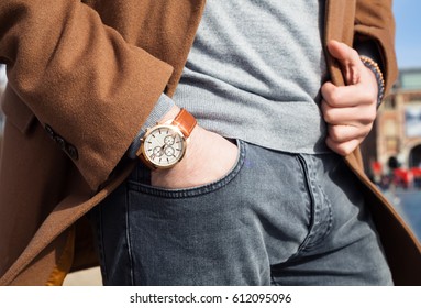 Vintage Smart Casual Outfit Outdoor.Fashion Model Man Posing In Autumn Park.Suited Man Posing.closeup Fashion Image Luxury Watch On Wrist Of Man.body Detail Of A Business Man.