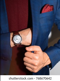 Vintage Smart Casual Outfit Outdoor.Fashion Model Man Posing In Office.Suited Man Posing.closeup Fashion Image Of Luxury Watch On Wrist Of Man.body Detail Of A Business Man.Not Isolated.