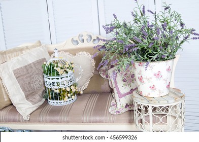 Vintage Sofa With Pillows And Decorative Elements In Provence Style Interior