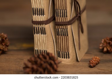 Vintage Soft White Leather Notebook Journal On The Wooden Table