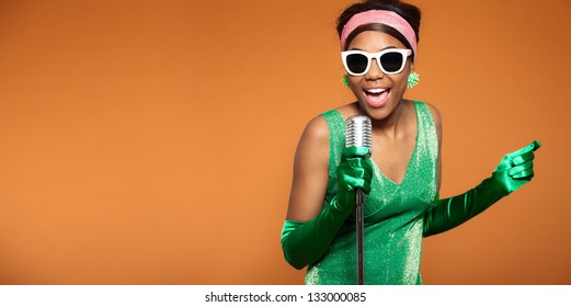 Vintage Soul Funk Woman Singing. Black African American. Copy Space.