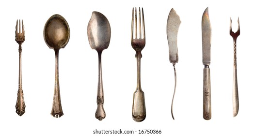 Vintage Spoons, Forks And Knifes Isolated On White