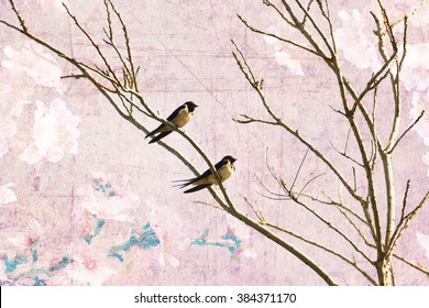 Vintage spring image with swallows and blossoming cherry tree.Textured old paper background with conceptual springtime image  
